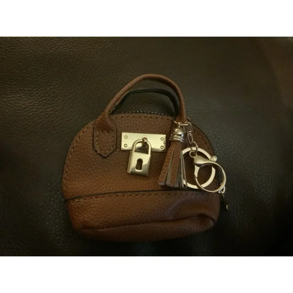 Leather Padlock Mini Bag Cognac Charm Coin Pouch Key Holder Keychain Paddington